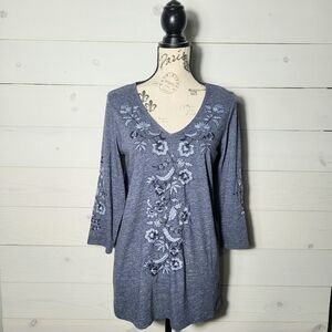 Pure Jill Embroidered Floral Long Sleeve Top Heathered BOHO